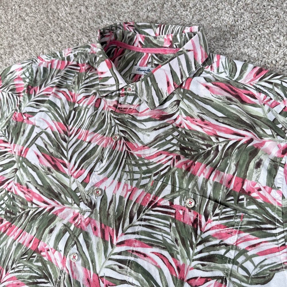 Tommy‎ Bahama Shirt Mens XXL White Pink Green Tropical Palm Leaf Resort Summer